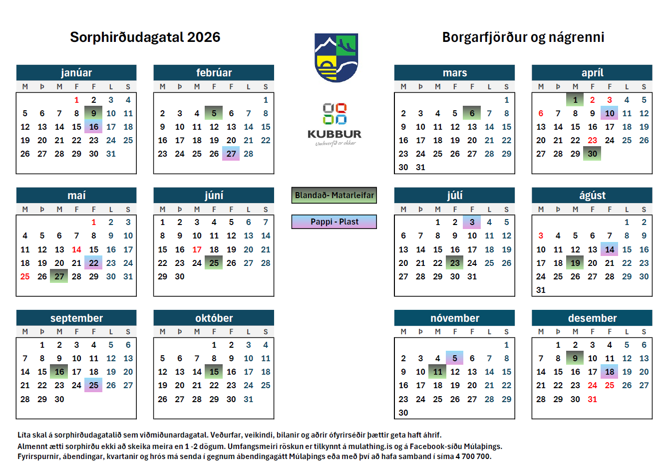 Mynd af sorphirðudagatali Borgarjarðar og nágrennis 2026