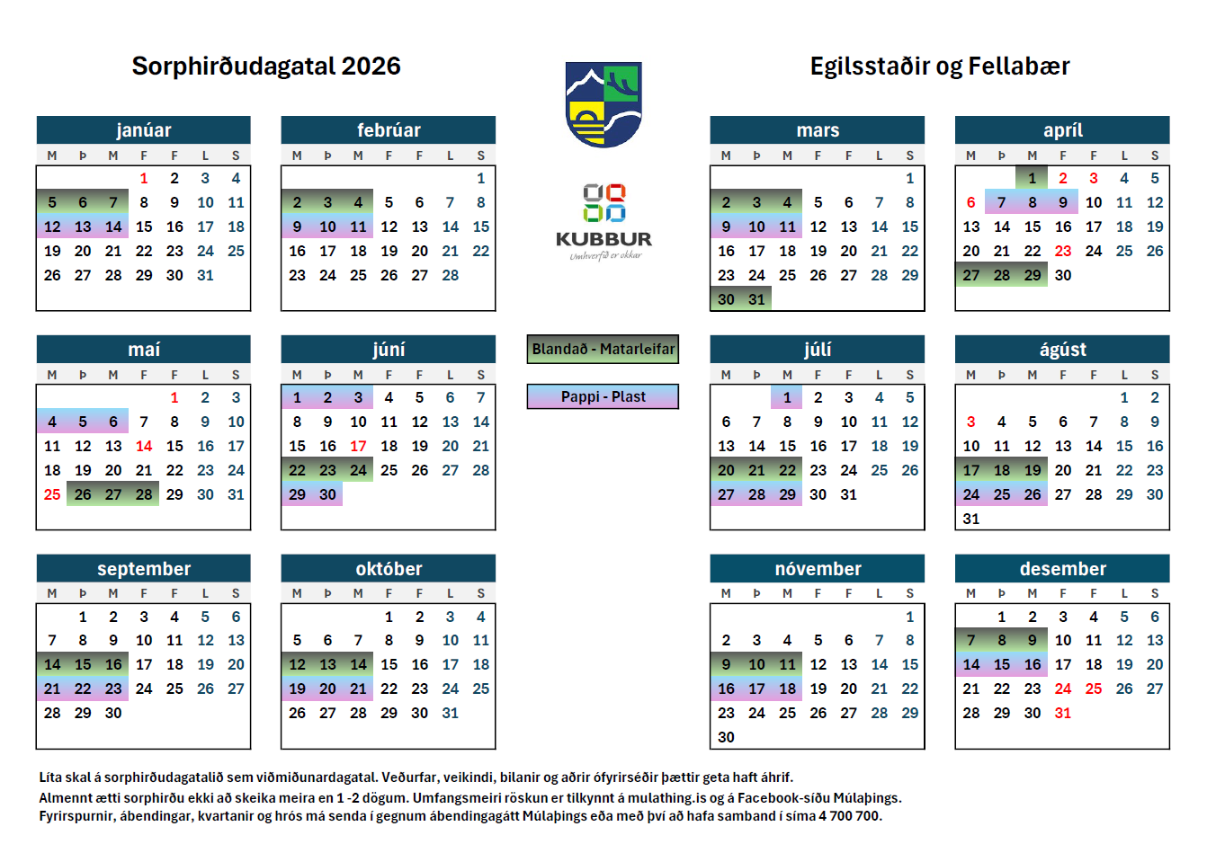 Mynd af sorphirðudagatali Egilsstaða og Fella 2026