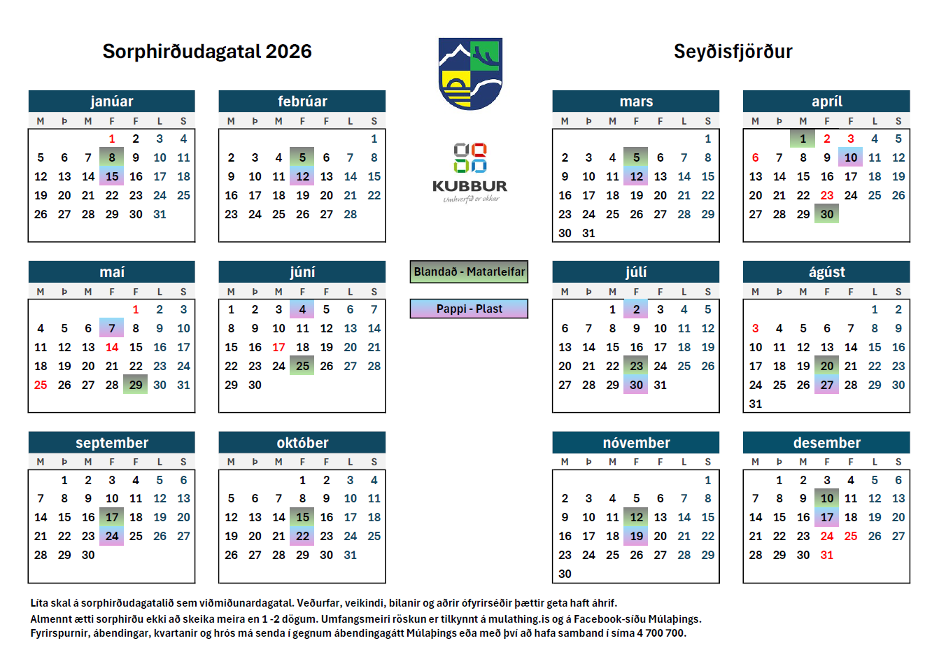 Sorphirðudagatal Seyðisfjarðar og nágrennis 2026